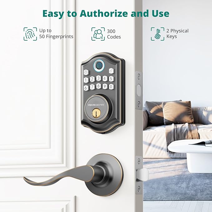 AkaGear DS10 Keyless Entry Door Lock with Handle - 2 Lever Handles, Fingerprint Door Lock, Keypad Deadbolt, 2 Keys, Code, Smart Locks for Front Door, Auto-Lock, Easy Installation - Oil Rubbed Bronze