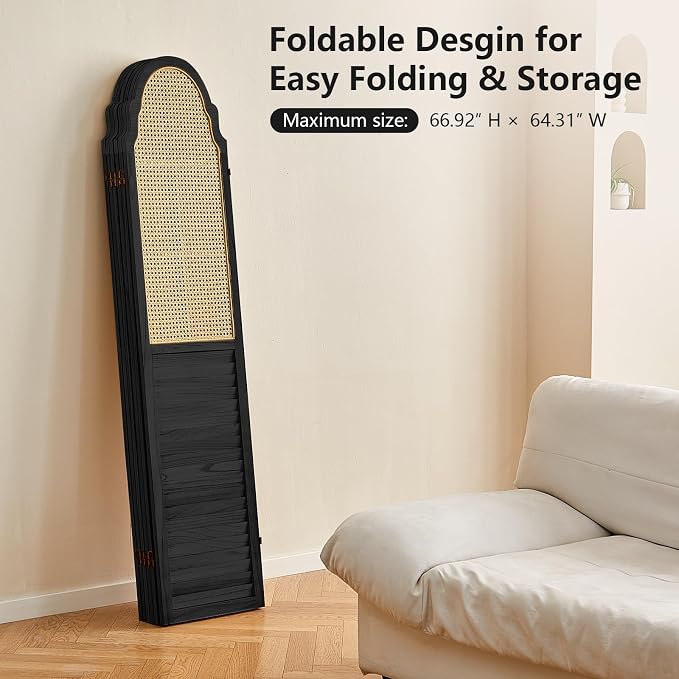4 Panel Wood Room Divider, Folding Privacy Screen, Rattan Room Divider Wall - Image 4