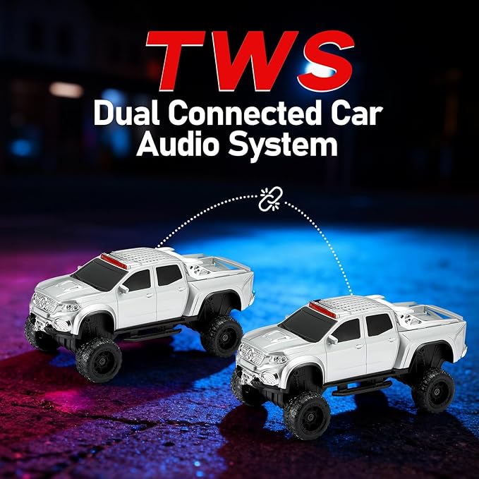 WSTER WS-X65 Pickup Truck Replica Bluetooth Speaker – HD Sound, FM Radio, TWS Stereo, LED Party Lights, USB/TF Playback, Built-in Mic – Cool Portable Car Design Speaker for Outdoors & Home (Silver)