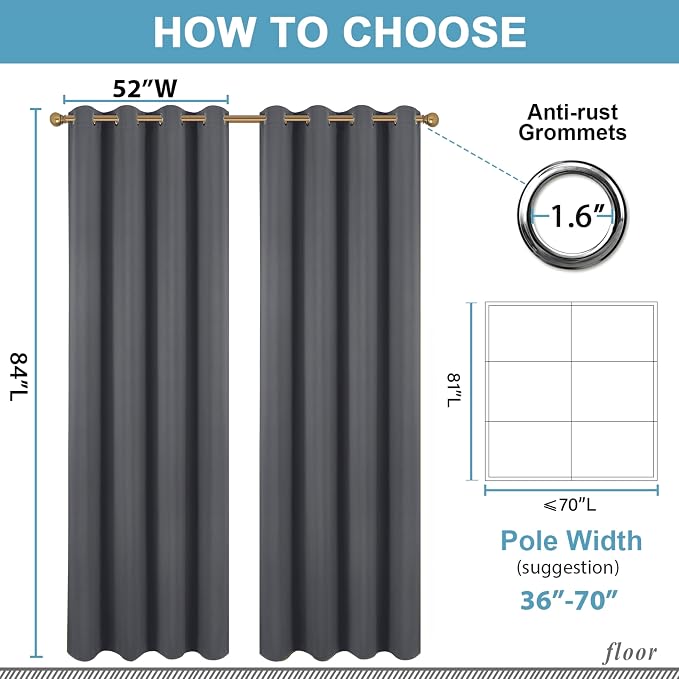 Diraysid Dark Grey Grommet Blackout Curtains - Image 3