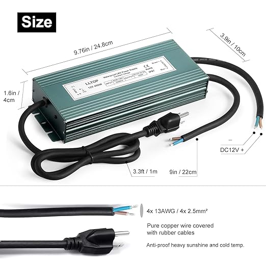 LLTOP LED Driver 400 Watts 110V/120V AC to 12V DC 33.3A Power Supply Waterproof Low Voltage Transformer Converter for Indoor Outdoor LED Lights