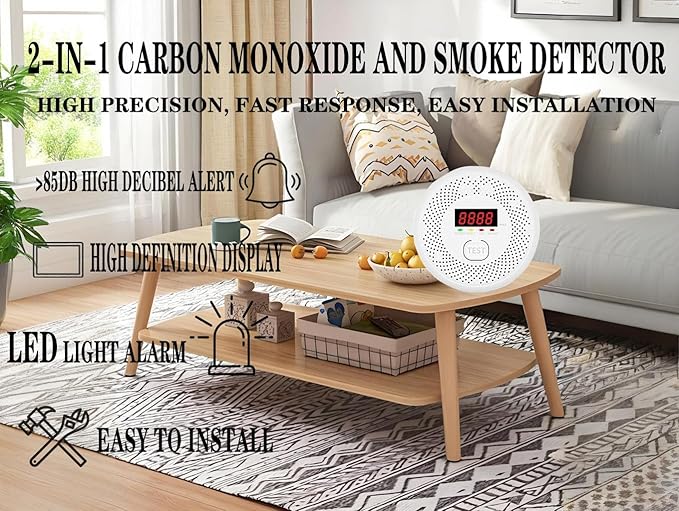 Vzmcov Carbon Monoxide and Smoke Detector LCD Display, Battery Powered, Dual sensors, 85dB Voice Alarm and Real-time Tracking, Suitable for Home/Kitchen/Bedroom/RV (Small Screen, 1Pack-CO&Smoke)