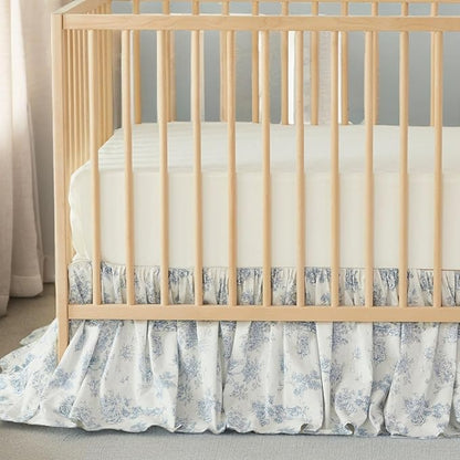 Brandream French Country Toile Floral Print Cotton Crib Skirt Toddler Bedskirt Baby Nursery Crib Bed Skirt Boho Bohemian Neutral Blue Farmhouse Chic Ruffles Skirt