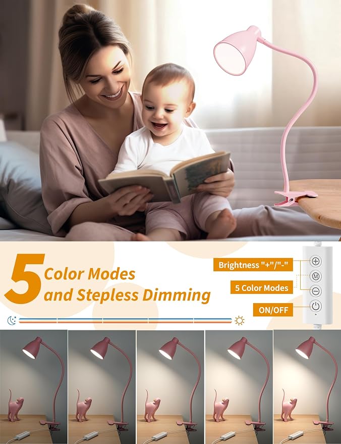 BOHON Cute Desk Lamp with Clamp Clip on Light, 5 Color 10 Brightness - Image 3