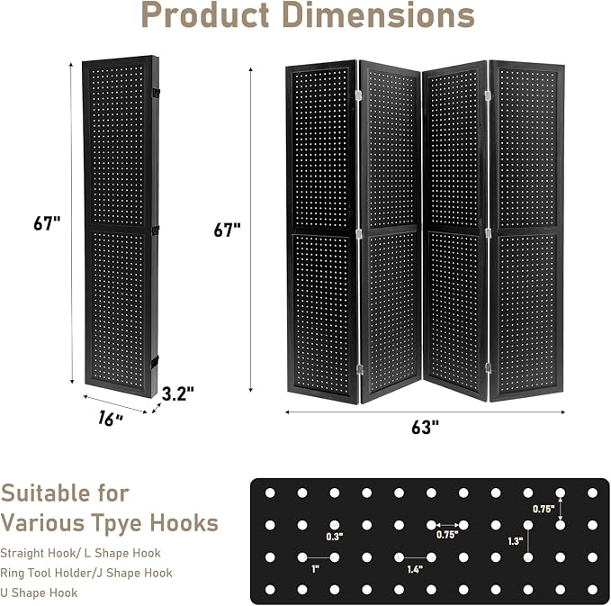 4 Panel Pegboard Room Divider | Black Wood Folding Privacy Screen - Image 2
