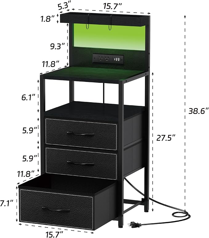 SZLHANJZ LED Nightstand with Charging Station, 3 Fabric Drawers, Storage Side - Image 3