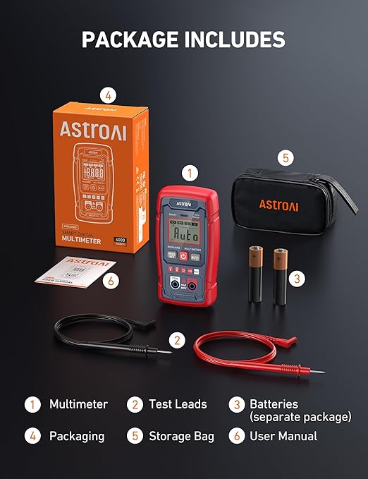 AstroAI Multimeter Tester 4000 Counts, Smart Measuring Mode, Auto-Ranging Digital Volt Meter, Fast Accurately Measures AC/DC Voltage, Resistance, Continuity, Supports a Non-Contact Voltage Function