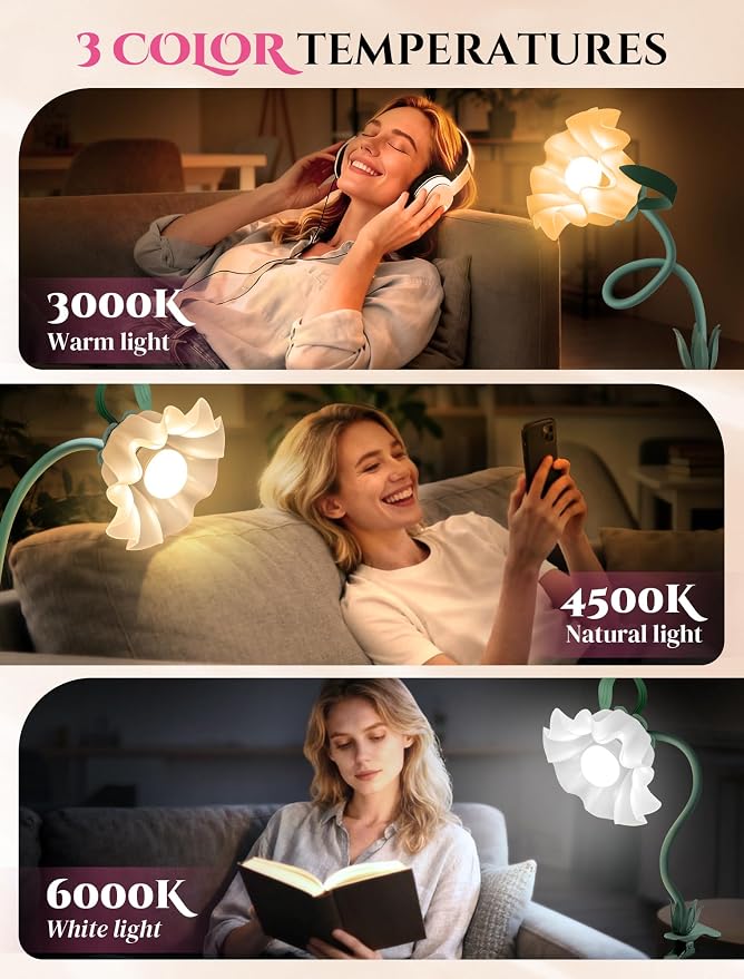 Clip On Flower Lamp for Bedroom, Aesthetic Bedside Reading Light - Image 2