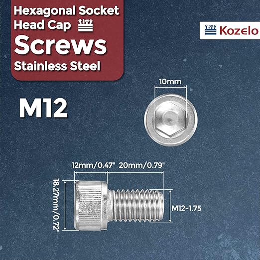 Kozelo 8pcs Socket Head Cap Screws - [M12-1.75 x 20mm] 304 Stainless Steel Allen Socket Drive for Electrical Motor 3D Printing Fan Engine Replacement Use, Silver
