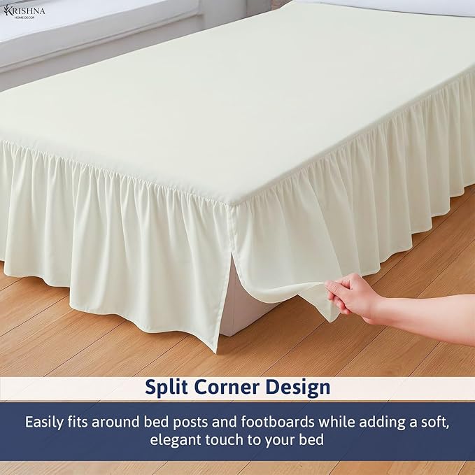 KRISHNA Ruffled Bed Skirt with Split Corners Full, 100% Microfiber Hotel Quality, 18 Inch Drop Dust Ruffle Gathered Bedskirt with Platform, 54" x 75", Ivory
