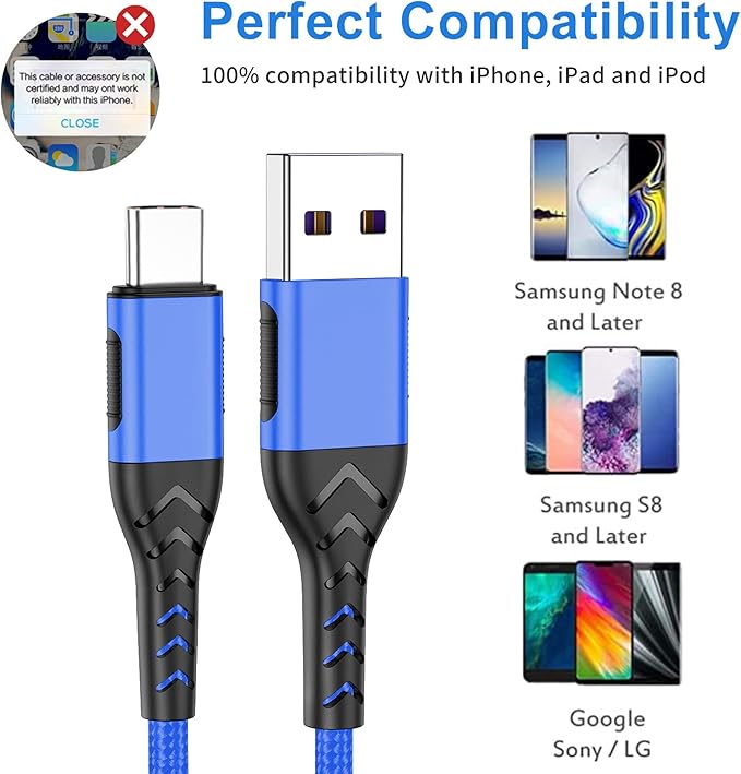 Durcord USB C Fast Charging Cable, Upgraded 2Pack 6ft USB C Charger for Android Phone Pad, Type C Charger Braided USB Cable Compatible with iPhone 15/Pro/Plus/Max - Blue