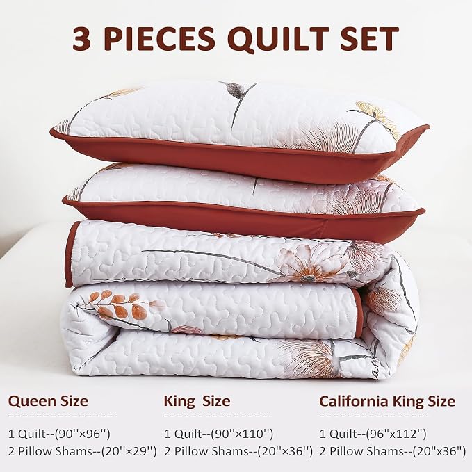 Dinjoy Floral Quilt Set Queen, Burnt Orange Bedspread - Image 7