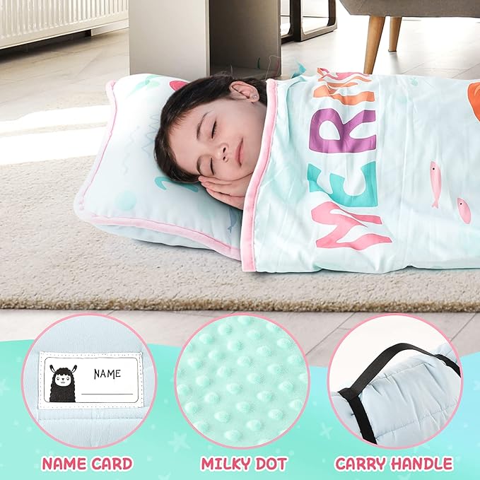 TANOSHII® Toddler Nap Mat with Pillow and Blanket, Portable Kids Sleeping Mats for Daycare, Preschool, 21" x 53", Lightweight and Soft Sleeping Bags for Kids