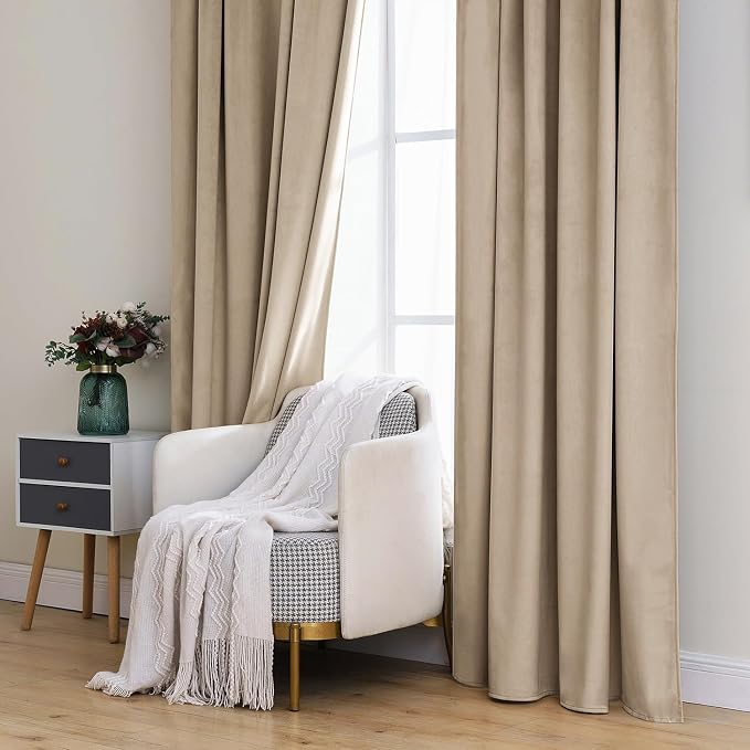 MIULEE Velvet Curtains 52x90 inches 2 Panels Cream Beige Blackout Curtains | - Image 7