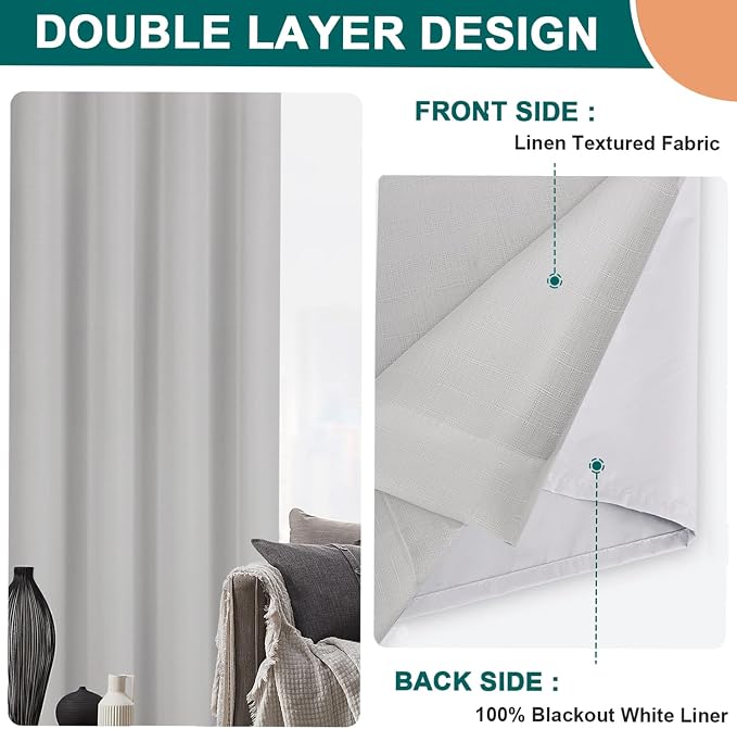 Diraysid 100% Blackout Curtains Light Grey Linen Curtains - Image 6