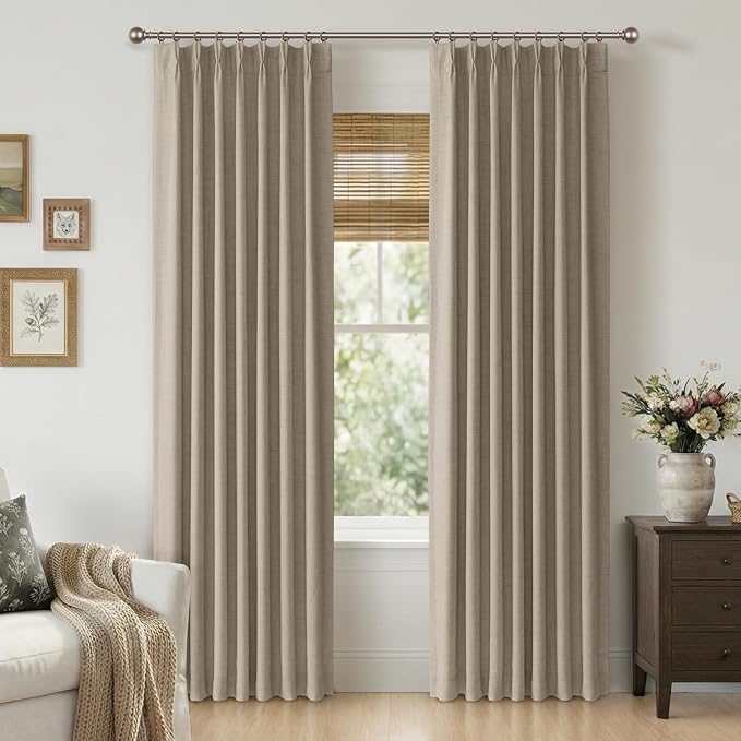 Pinch Pleated Full Blackout Faux Linen Curtains 90 Inches Long | Grey Beige by 100BlackoutShield