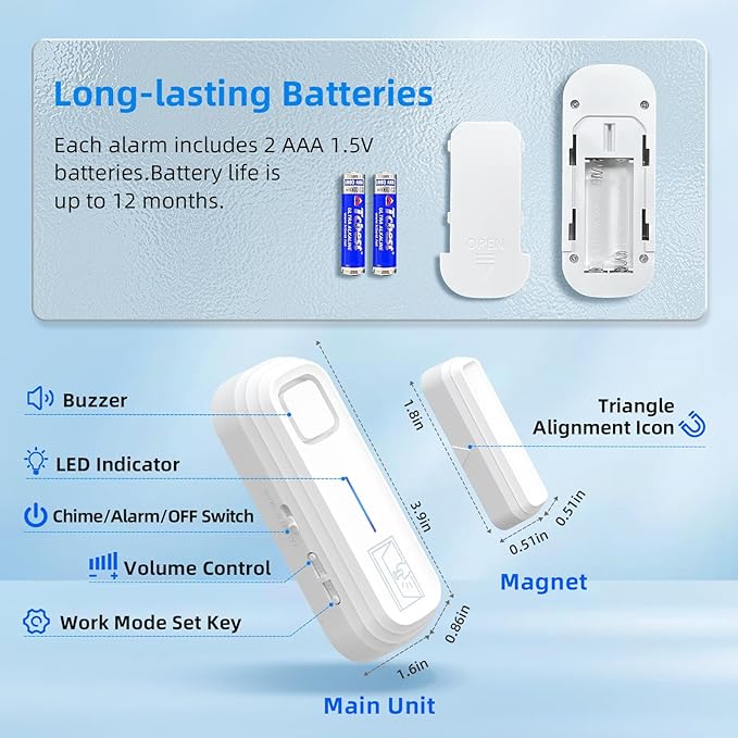 Sanjie Door Alarm with Instant and Delayed Alerts 30s/1min/2min/4min, Door Window Ajar Alarms for Kids Safety/Home Security, Volume 0-120dB, Left Open Alert for Freezer Fridge Home, 2 Sensor