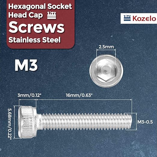 Kozelo 100pcs Socket Head Cap Screws - [M3-0.5 x 16mm] 304 Stainless Steel Allen Socket Drive for Electrical Motor 3D Printing Fan Engine Replacement Use, Silver