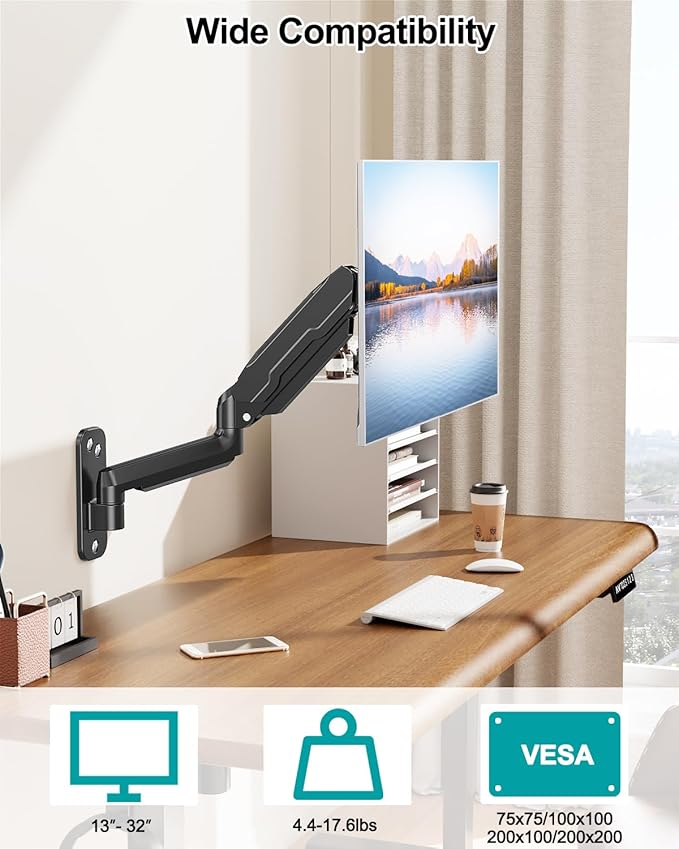 LIFTGO Monitor Wall Mount for 13 to 32 Inch Computer Screens, Height Adjustable Single Wall Mount Monitor Arm Holds Up to 19.8lbs, Full Motion Wall Bracket, VESA Mount 75x75, 100x100, Black