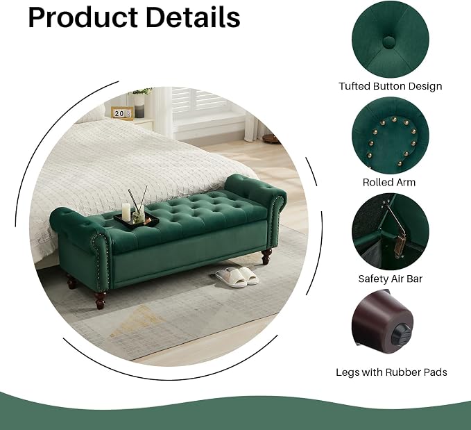 SOFTHION 58.1" Storage Bench for Bedroom, Velvet Upholstered, Dark Green | End - Image 4