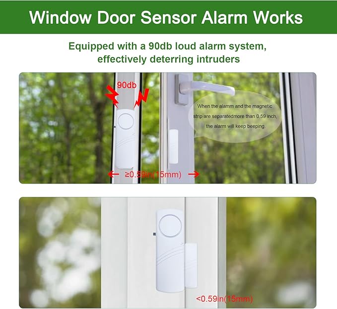 Door Window Alarm, 90dB Door Alarms Sensor for Kids Safety, Home Security, Door Window Burglar Alarm, Window Pool Alarms for Home, Apartments, Offices, Hotel Rooms (15pack)