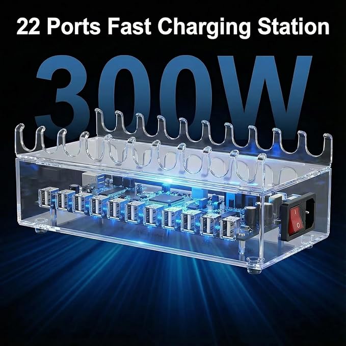 300W Charging Station for Multiple Devices, 22-Port Charger Stations for iPad, Laptops, iPhone, Android Cell Phone, Tablet, Organizer Charging Dock Ideal for Home Office Commercial Use