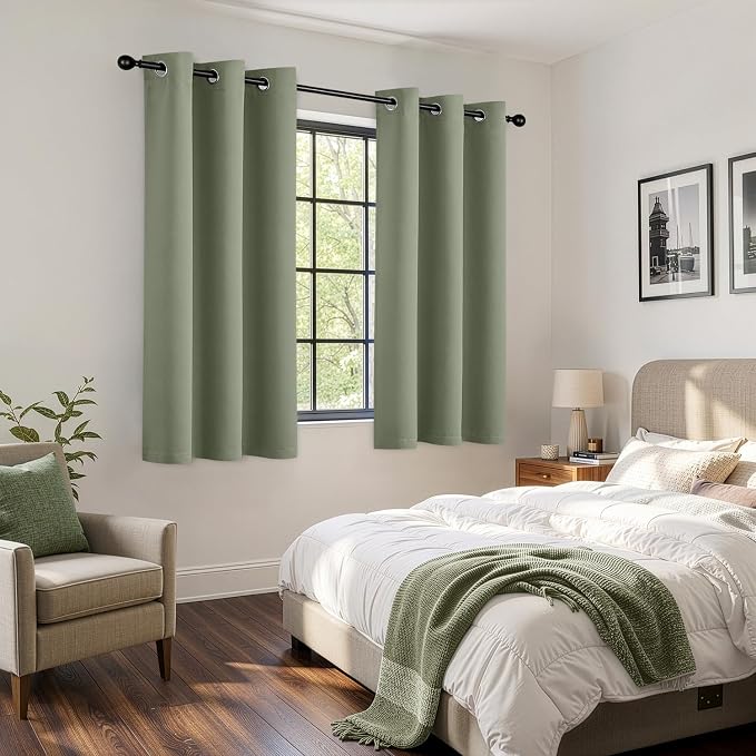 Short Sage Green Blackout Kitchen Curtain W40 x L54 Inch 2 Panels | Thermal - Image 6