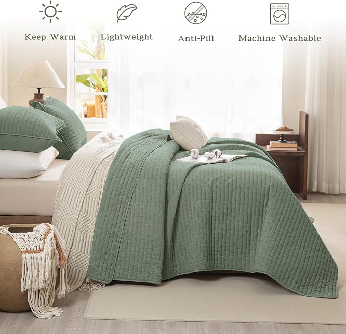 CozyTide Olive Green Oversized King Bedspread 120x120, Stone-Washed Cotton - Image 2