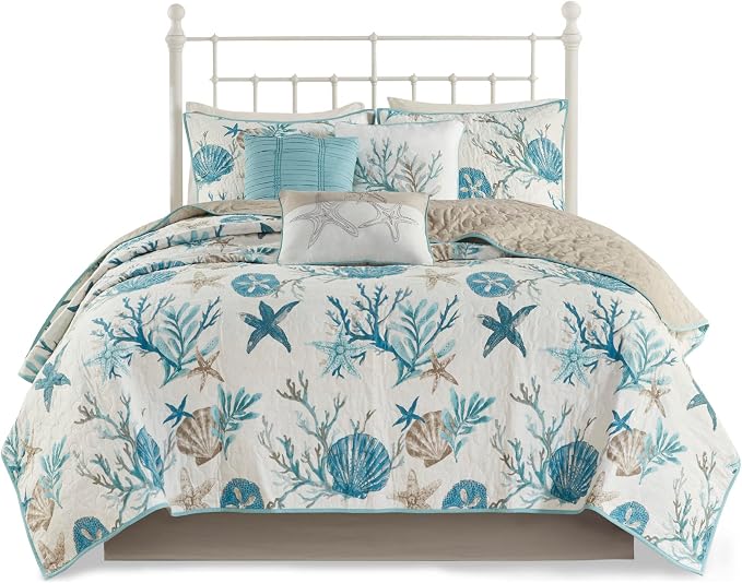 Madison Park Cotton Coastal Starfish Aqua Queen Quilt Set, Down Alternative - Image 13