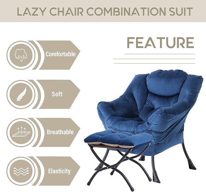 Lazy Chair with Ottoman, Comfy Accent Reading Chair, Velvet RoyalBlue | - Image 4