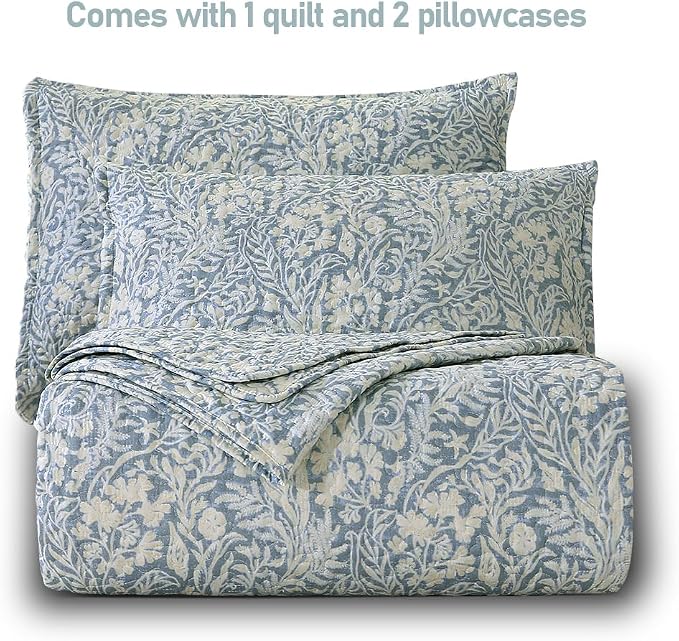 DURLENGEN Botanical Quilt Set King Size 3Pcs, Bluish Grey Printed - Image 5