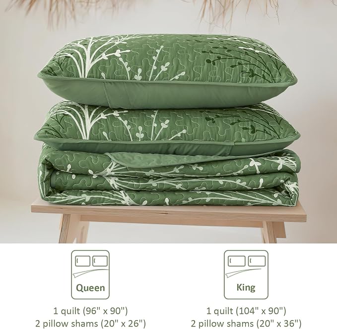 DJY Green Quilt Set Queen Size Branch Bedspread Coverlet Set, 3 Piece Olive - Image 8