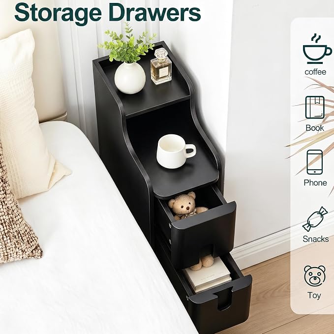 FurSch Narrow Nightstand Set of 2, Wooden Small 2 Drawer, Skinny Bedside Table - Image 6