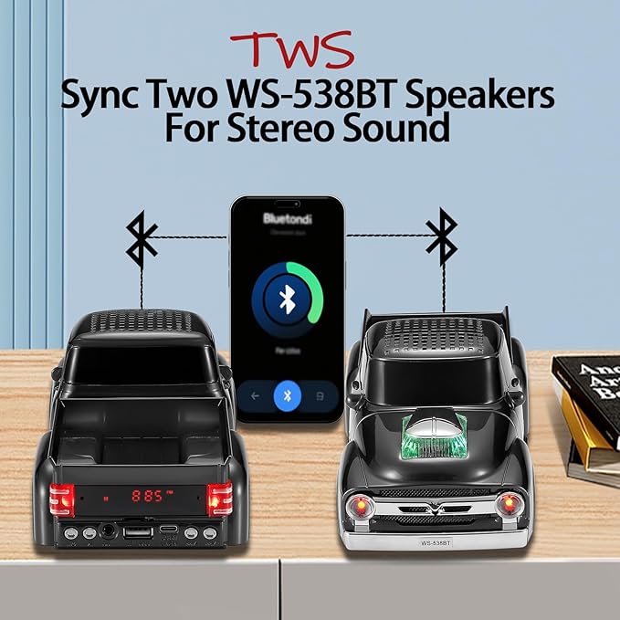 WSTER WS-538 Retro Pickup Truck Bluetooth Replica Speaker – Portable Wireless Car Model Speaker with FM, TWS, LED Party Lights, USB/TF Playback, Built-in Microphone, Type-C, Surprise Gift(Black)