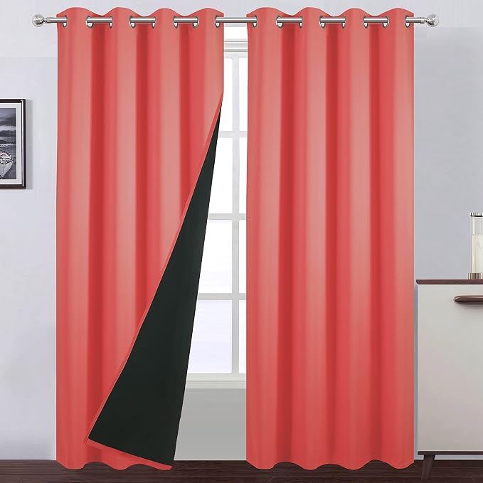 100% Blackout Curtains 52 x 95 Inch/Coral Curtains 2 Panels by Lemomo