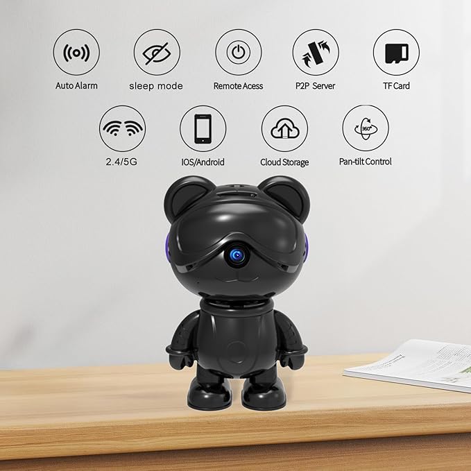 dzcctvipc Cute Bear 2K Home Security Camera – Motion Monitor, Baby Cry Detection,Privacy Mode,5G Dual-Band,Pan & Tilt,Night Vision,24/7 Recording,2-Way Audio,Compatible with Alexa & Google Assistant