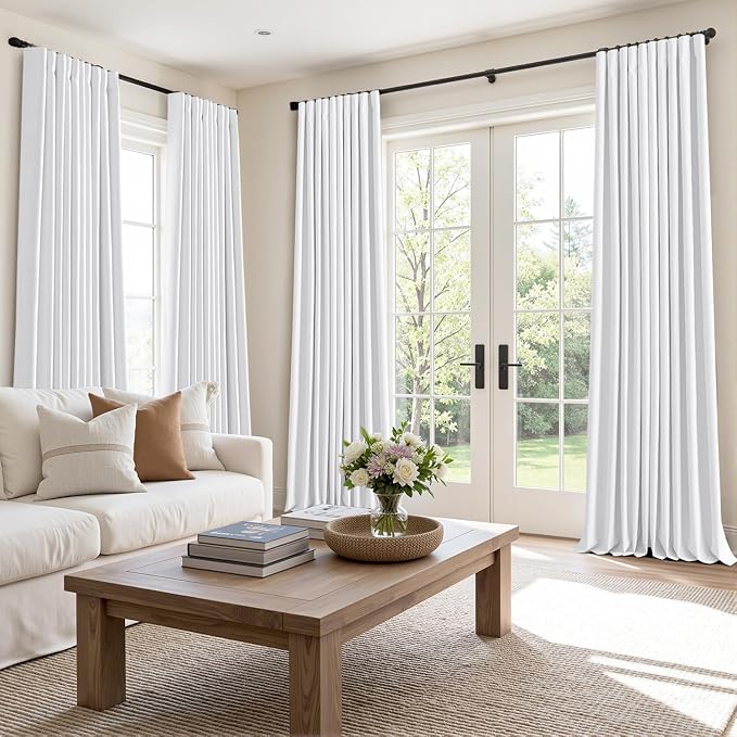 MIULEE 100% Blackout Back Tab Pleat Linen Curtains 50" Wx90 L, Bright White | 2 - Image 2