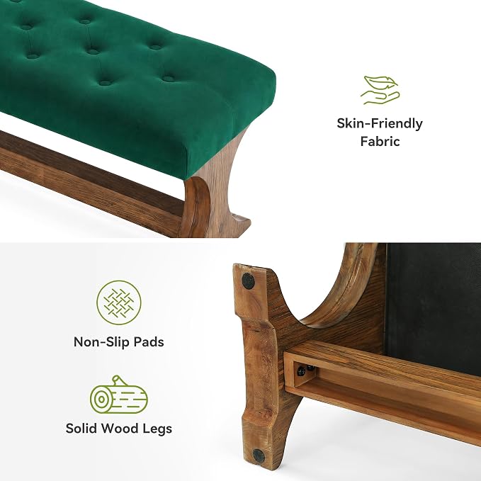 LITTLE TREE 55" Upholstered End of Bed Bench, Solid Wood Tufted Entryway Bench - Image 7
