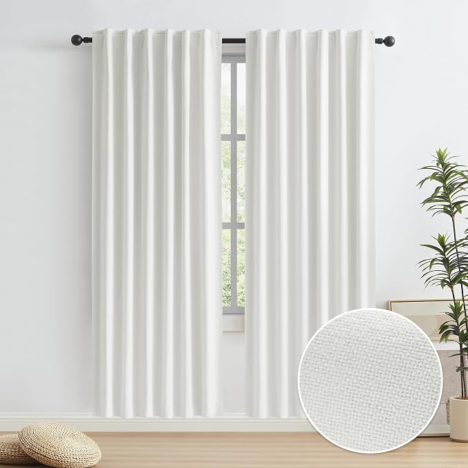 Faux Linen Beige Curtains 80 Inches Long Natural Color Farmhouse Rod Pocket by KEQIAOSUOCAI