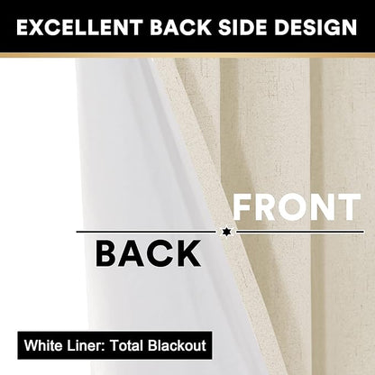 PrinceDeco Blackout Curtains 100% Blackout Linen Textured Curtains for Bedroom Solid Thermal Insulated with White Liner Grommet Room Darkening Curtains & Drapes, Set of 2, 52" W x 63", Bleached Sand