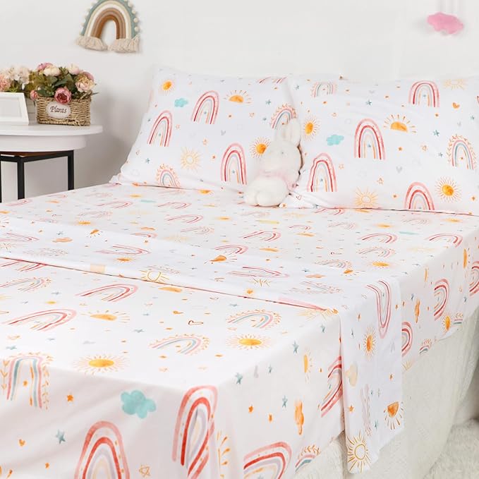 Twin Size Toddler Bedding Set for Girls- 5 Piece Rainbow Toddler Girl Bedding, Super Soft & Lightweight Toddler Comforter Set Includes Comforter, Flat Sheet, Fitted Sheet, Pillowcase (Pink)