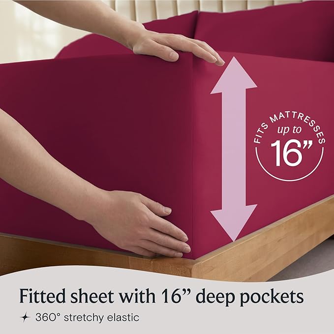 LuxClub 4 PC California King Sheet Set, Deep Pockets Wrinkle Free Cooling Bed Sheets Hotel Bedding for Women, Men, Includes 1 Fitted Sheet, 1 Flat Sheet and 2 Pillowcases-Burgundy