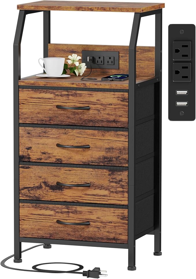 Night Stand with Charging Station, 4 Drawers Tall Bedside Table | Small Rustic by Furnulem