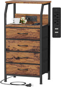 Night Stand with Charging Station, 4 Drawers Tall Bedside Table | Small Rustic by Furnulem
