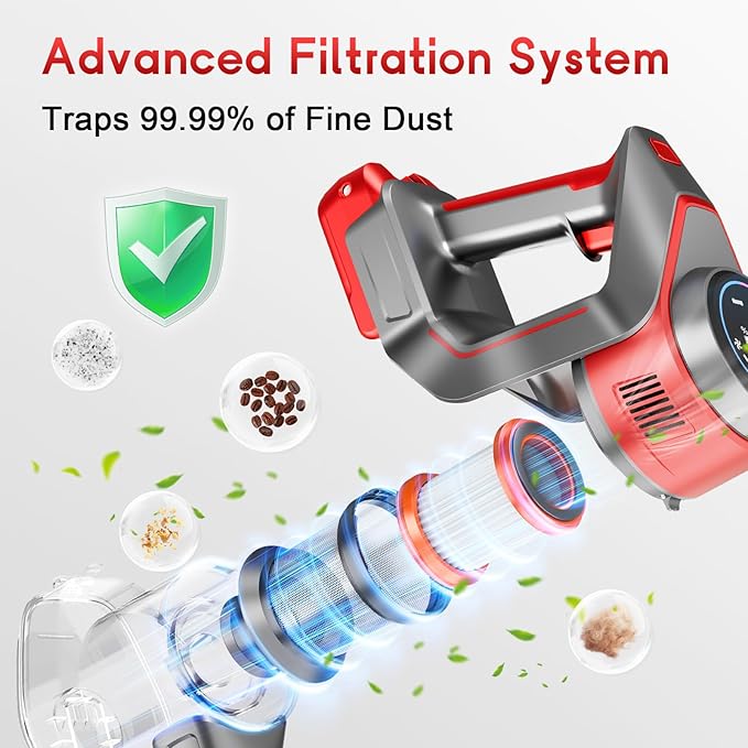 BSNAW Cordless Stick Vacuum Cleaner - Rechargeable, 35Kpa Powerful Vacuums with Detachable Battery, LED Display, 45Mins Runtime, 8 in 1 Handheld Vacuum for Hardfloor & Carpets Pet Hair, Red