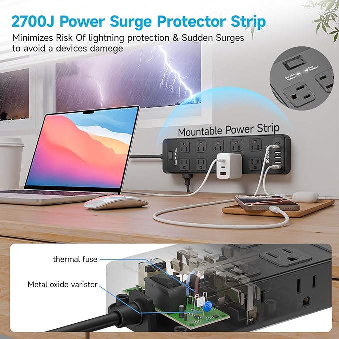 Solidock Flat Plug Power Strip Surge Protector with 20 AC Outlets 6 USB Ports, 1875W/15A, 2700 Joules, 6 Ft Heavy Duty Extension Cord with Multiple Outlets for Home, Office, Dorm, Gaming,ETL Listed