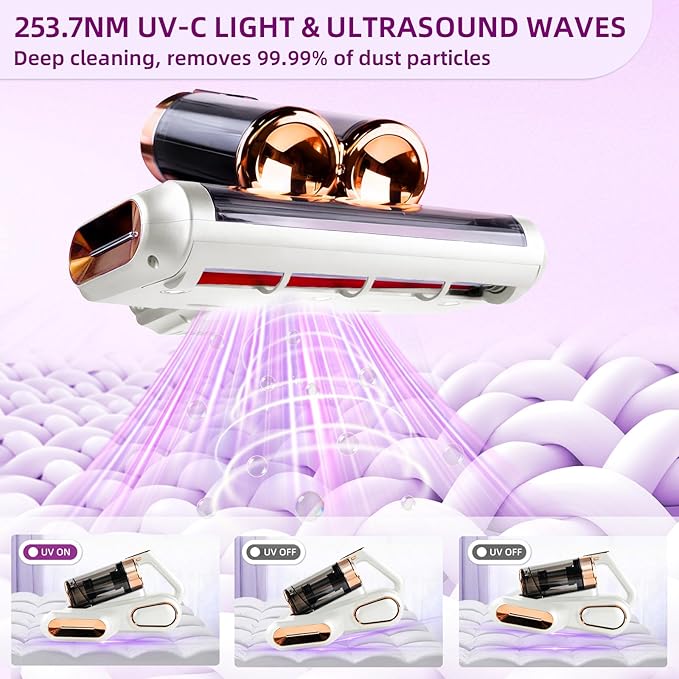 BESTING Mattress Vacuum Cordless with 16Kpa Suction & HEPA Dust Cups, 253.7nm UV-C Light & Ultrasonic, Low Noise Widened Suction Port Handheld Vacuum for Bed Pillows Couch Car Seat Rugs, Pearl White