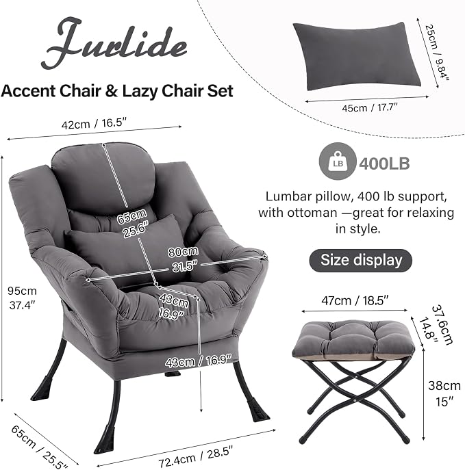 Furlide Lazy Chair with Ottoman, Comfy Fabric Accent Lounge Arm Chair with - Image 2