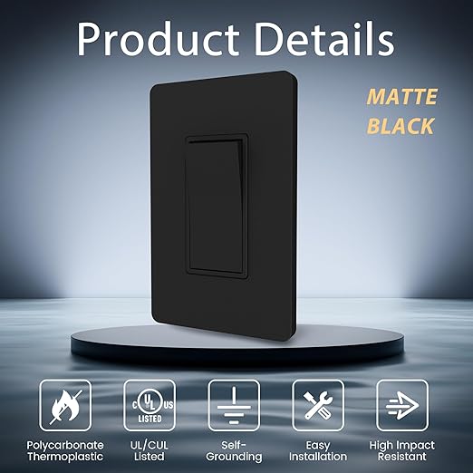ThunderWay Matte Black 3 Way Decorative Light Switch with Plate, 15 A 120/277 V Rocker Paddle Wall Switch Replacement, Self-Grounding, Residential Grade, Wall Plate, UL Listed (20 Pack)