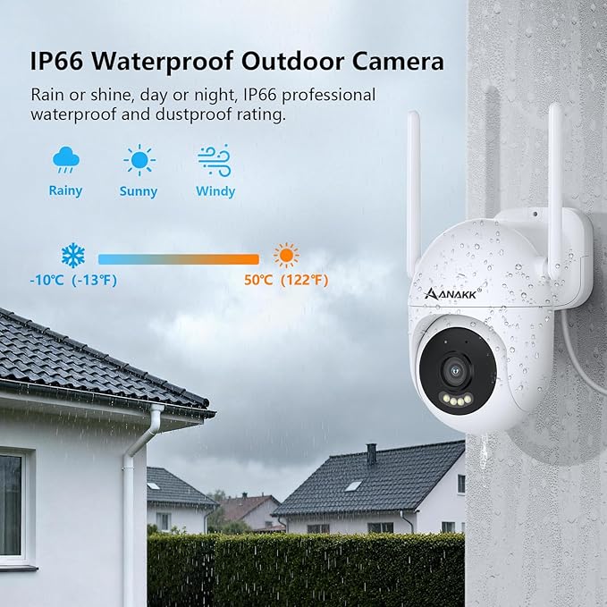 Anakk Outlet Powered Outdoor Security Camera with SD Card, 2.4Ghz/5Ghz WiFi Home Camera, Night Color, 2 Way Audio, 24/7 Recording, Human Detection, Cam for Baby/Nanny/Pet, Waterproof, No Monthly Fee